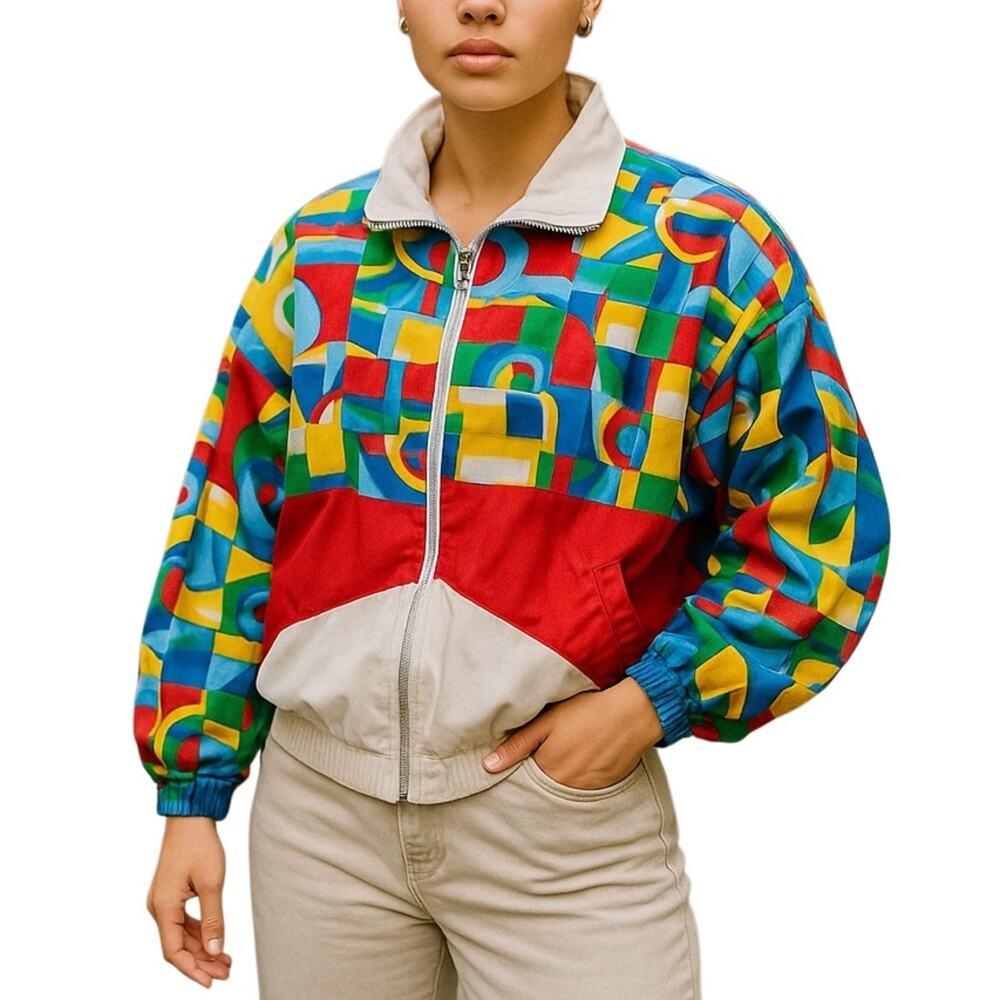 Vintage 90s Abstract Windbreaker Track Jacket L Blue Red Colorblock Streetwear